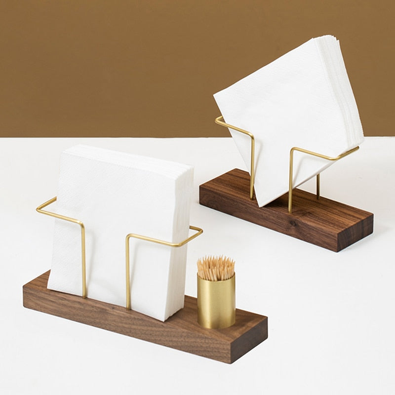 Serviettenhalter Aus Holz & Eisen – Kreativer Steh-Serviettenspender Mit Goldenem Draht, 16x5,5x13 Cm, Für Tisch, Büro, Restaurant, Zuhause
